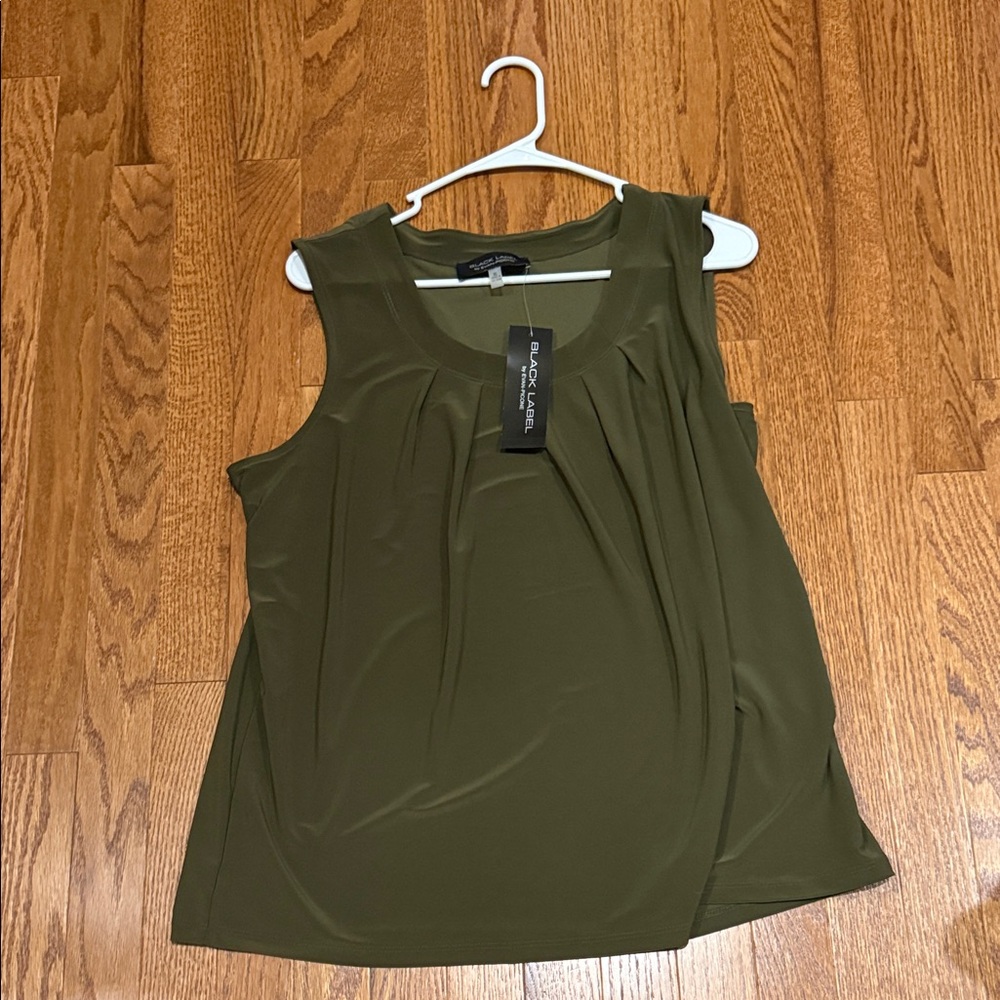 Black Label Olive Pleated Sleeveless Tank — Lightweight Layering Top